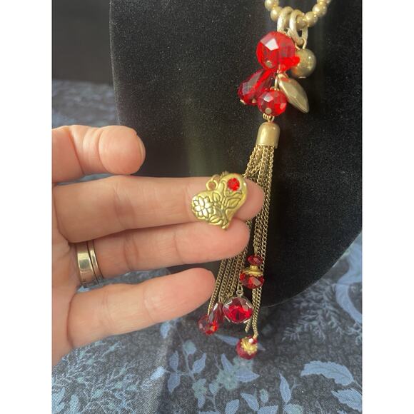 Vintage R.I. Bead & Comp Signed Long Goldtone Red Beaded Necklace Heart Charm - Picture 3 of 12